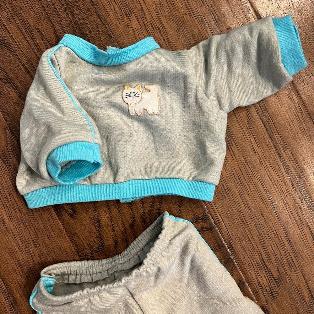 Vintage Cabbage Patch Gray and Blue Baby Doll Outfit Jogger with Cat Embroidery